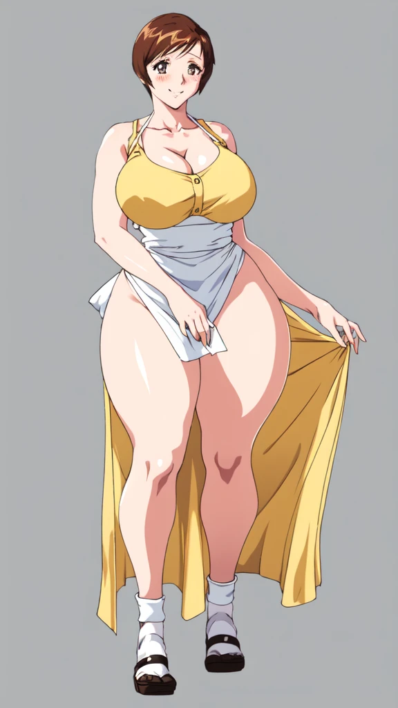 masterpiece, highest quality, High resolution, One girl, alone, sexual intercourse, Pornographic images, short hair, etsukoto, Brown eyes, fine grain, fine grain, (((Thick thighs, Plump thighs, Voluptuous thighs, Thighs alone are enough))), Huge and ample breasts, Cleavage, Huge long breasts, Naughty big,((Big breasts are important))、((Naughty thighs)), L Cup, (thin:1.4),(Tight waist:1.4), (Yellow Dress:1.4), ((white waist apron)), White panties, smile, blush, (((Simple Background))), ((Wide Hips)), Shiny, Oily skin, Mature mother, Calf, Seductive mature woman, Perfect body, Plus Size Model, etsukoto, blush, clavicle, retro artstyle, 1990s (style), (((looking away))), full body, feet,