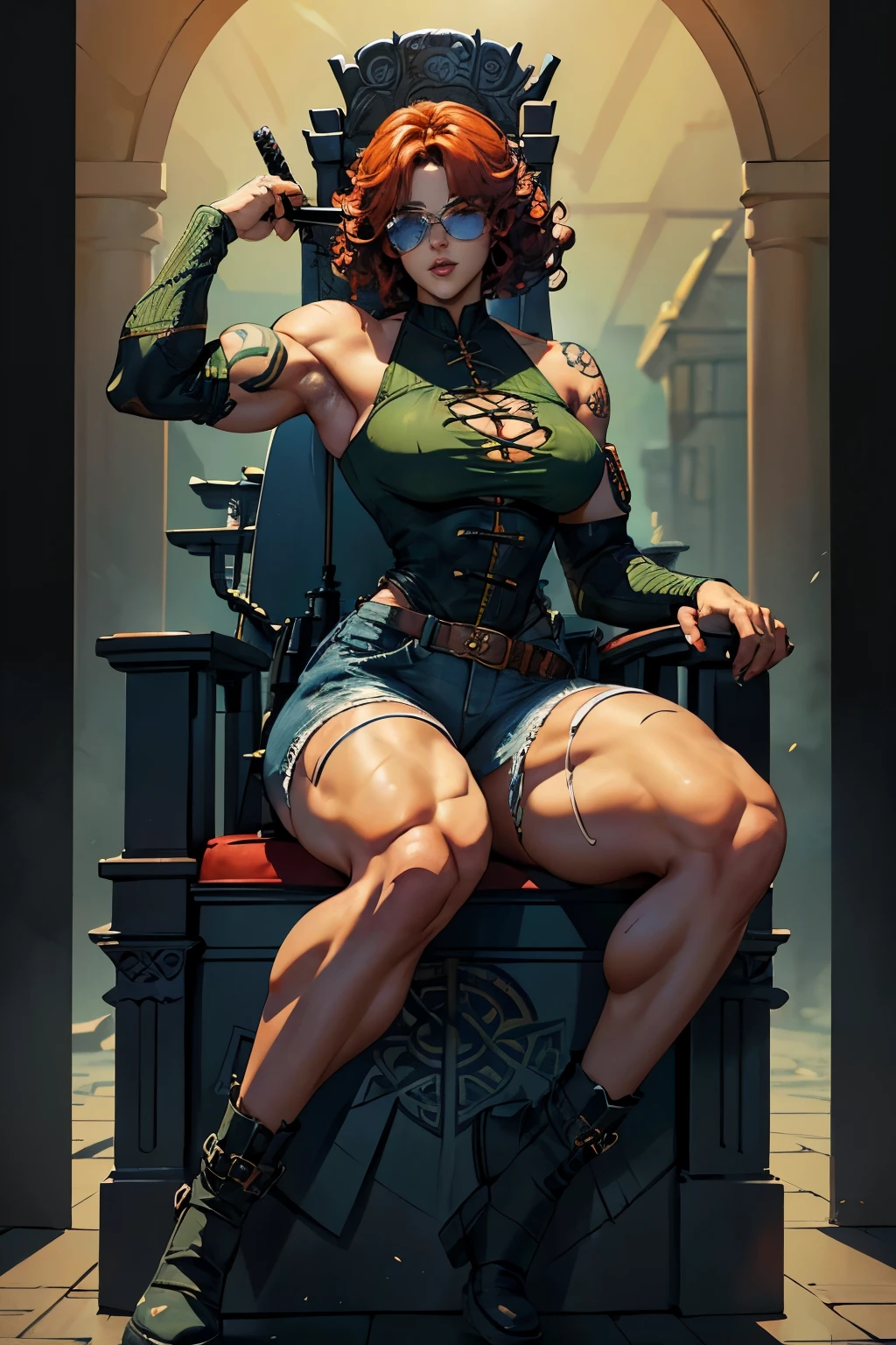 Red Head Girl with curly hair and tattoos of roses in shoulders and forearms,(((Full Body))) wearing blue top and ripped jeans, (((Sitting on a Throne))), sunglasses, carrying a katana. ((Sexy legs)) She has one eye of each color: Green on The light, blue on The left. Witch/Celtic wearstyle, in Brazil. The scene should be in Cinematic's distinctive real life style, focusing on the characters' expressions, colors naturals and detailed textures characteristic of the animations.