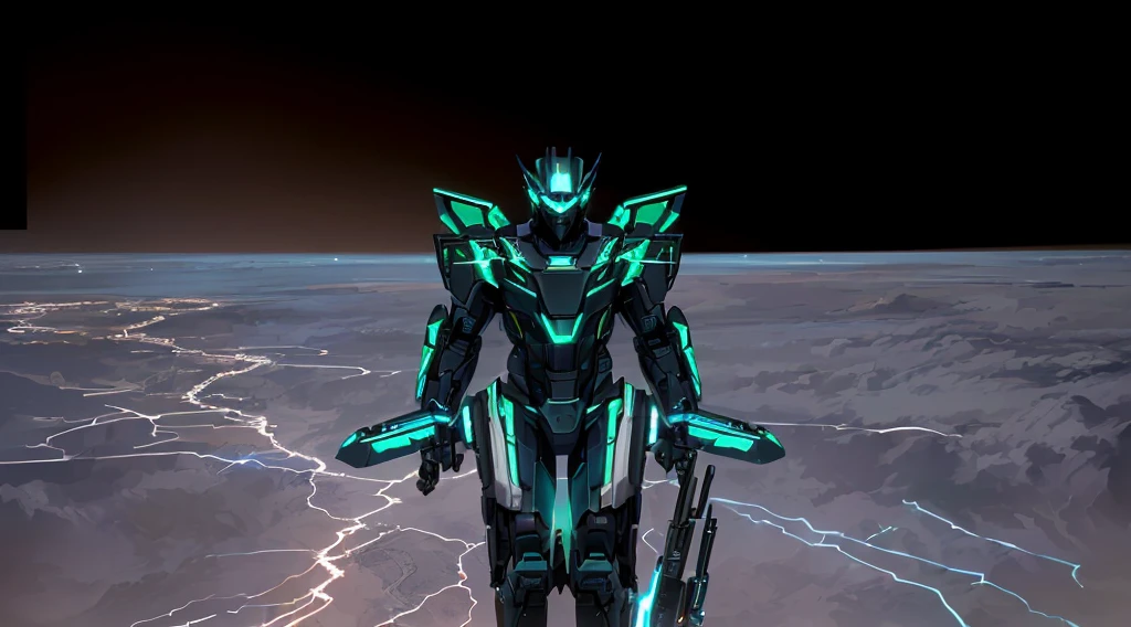 a black colored male transformer with green inserts, symmetrically arranged green parts, on the frontof the body not transparent cabin, on the back - aircraft's wings, arms from elbows to hands look like the front part of a aircraft, wheels are visible on the shoulders, on the legs from knees to the ankle there are aircraft's repulsors and small aircraft's tail wings, no helmet, light blue eyes, two legs, two arms, not a suit, on a background there is an empty dark blue metal desert, no buildings, no structures, dark blue storm clouds, light blue lightning from the clouds, blue river, river to the horizon, electrified river, light blue lightning from the river, space sky, stars in the sky, composition on the metal planet, big metalic planet, dark-blue metal, shiny metal, cybertron, mechanical planet, empty wasteland, dark blue storm clouds, light blue lightning from clouds, blue river, river to horizon, electrized river, light blue lightning from river, space sky, stars on the sky, realistic, watercolor, 4k, high quality, hight attention to details, concept art, concept art by Chris Mowry.