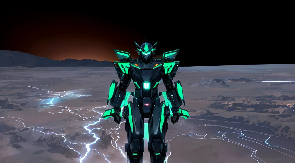 a black colored male transformer with green inserts, symmetrically arranged green parts, on the frontof the body not transparent cabin, on the back - aircraft's wings, arms from elbows to hands look like the front part of a aircraft, wheels are visible on the shoulders, on the legs from knees to the ankle there are aircraft's repulsors and small aircraft's tail wings, no helmet, light blue eyes, two legs, two arms, not a suit, on a background there is an empty dark blue metal desert, no buildings, no structures, dark blue storm clouds, light blue lightning from the clouds, blue river, river to the horizon, electrified river, light blue lightning from the river, space sky, stars in the sky, composition on the metal planet, big metalic planet, dark-blue metal, shiny metal, cybertron, mechanical planet, empty wasteland, dark blue storm clouds, light blue lightning from clouds, blue river, river to horizon, electrized river, light blue lightning from river, space sky, stars on the sky, realistic, watercolor, 4k, high quality, hight attention to details, concept art, concept art by Chris Mowry.
