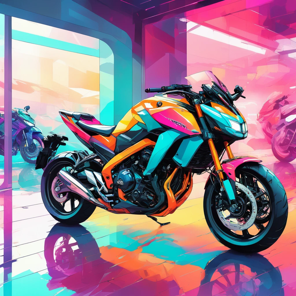 colorful inkpunk style illustration of a futuristic motorcycle in a showroom, moto honda, alta qualidade, foto para papel de parede, wallpaper, foto realista