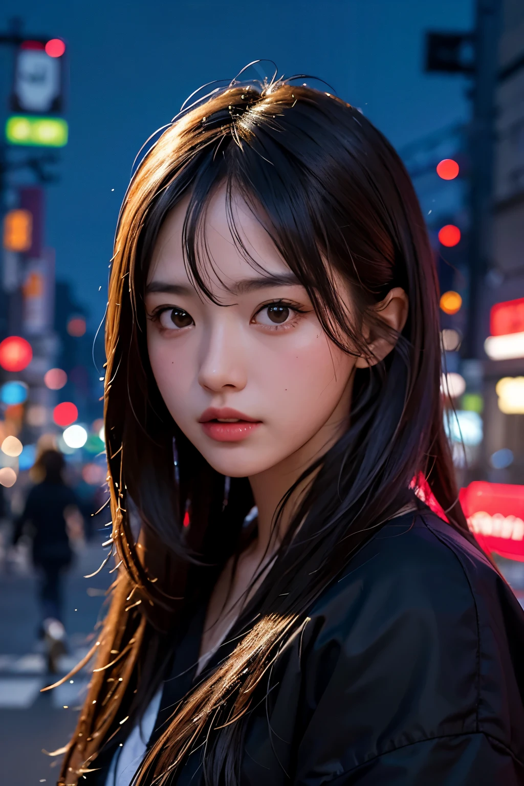 1girl, Tokyo street,night, cityscape,city lights, upper body,close-up, 8k, RAW photo, best quality, masterpiece,realistic, photo-realistic,