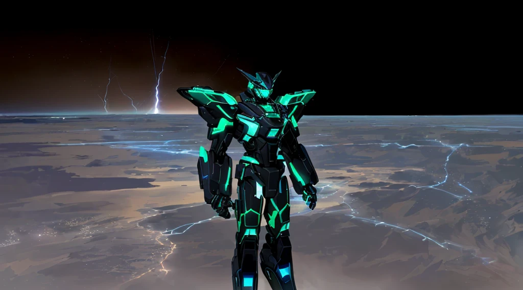 a black colored male transformer with green inserts, symmetrically arranged green parts, on the frontof the body not transparent cabin, on the back - aircraft's wings, arms from elbows to hands look like the front part of a aircraft, wheels are visible on the shoulders, on the legs from knees to the ankle there are aircraft's repulsors and small aircraft's tail wings, no helmet, light blue eyes, two legs, two arms, not a suit, on a background there is an empty dark blue metal desert, no buildings, no structures, dark blue storm clouds, light blue lightning from the clouds, blue river, river to the horizon, electrified river, light blue lightning from the river, space sky, stars in the sky, composition on the metal planet, big metalic planet, dark-blue metal, shiny metal, cybertron, mechanical planet, empty wasteland, dark blue storm clouds, light blue lightning from clouds, blue river, river to horizon, electrized river, light blue lightning from river, space sky, stars on the sky, realistic, watercolor, 4k, high quality, hight attention to details, concept art, concept art by Chris Mowry.