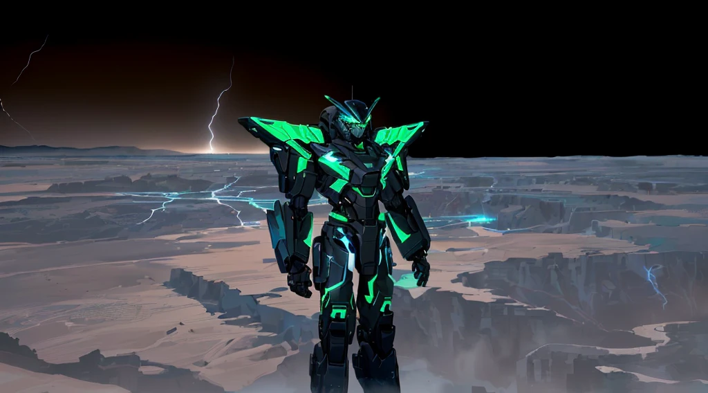 a black colored male transformer with green inserts, symmetrically arranged green parts, on the frontof the body not transparent cabin, on the back - aircraft's wings, arms from elbows to hands look like the front part of a aircraft, wheels are visible on the shoulders, on the legs from knees to the ankle there are aircraft's repulsors and small aircraft's tail wings, no helmet, light blue eyes, two legs, two arms, not a suit, on a background there is an empty dark blue metal desert, no buildings, no structures, dark blue storm clouds, light blue lightning from the clouds, blue river, river to the horizon, electrified river, light blue lightning from the river, space sky, stars in the sky, composition on the metal planet, big metalic planet, dark-blue metal, shiny metal, cybertron, mechanical planet, empty wasteland, dark blue storm clouds, light blue lightning from clouds, blue river, river to horizon, electrized river, light blue lightning from river, space sky, stars on the sky, realistic, watercolor, 4k, high quality, hight attention to details, concept art, concept art by Chris Mowry.