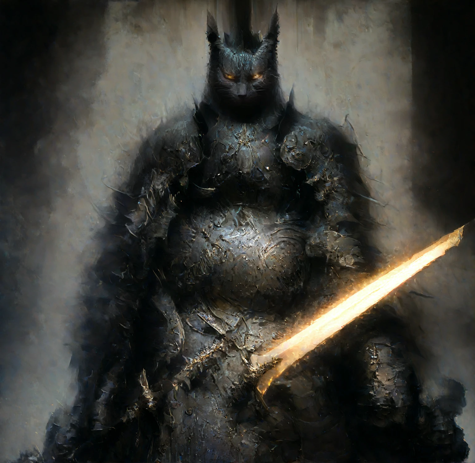 cat knight with glowing eyes, (anthropomorphic cat:1.4), ethereal, angry, dynamic pose, Movie Still, cover art, vertical symmetry, famous artwork by artgerm and guweiz, hkstyle, (masterpiece, best quality, perfect composition, very aesthetic, absurdres, ultra-detailed, intricate details, Professional, official art, Representative work:1.3)