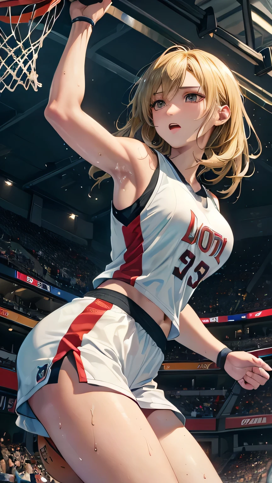 ((best quality)), ((masterpiece)), (detailed), perfect face, (best quality), (detailed skin:1.3), (intricate details), Female professional basketball player, NBA, ((dunk shot, bascketball)), under the goal, jumping, sweat pouring out, a scene during the game, tifa lockhart, cowboy shot, blonde hair, medium hair