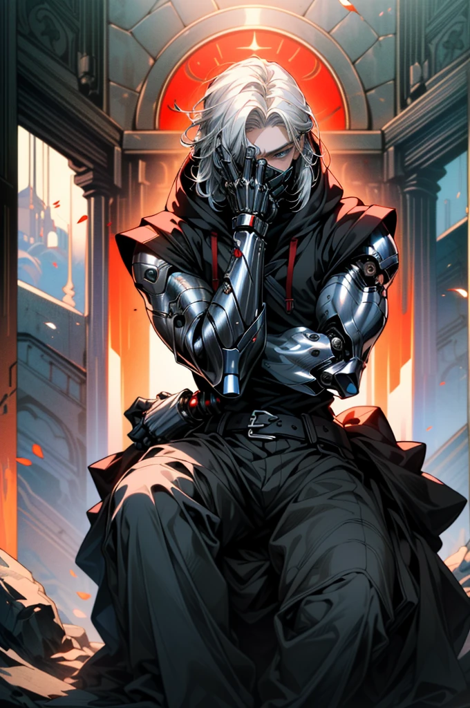 ((ultra detailed, masterpiece, absurdreBBarnes, 1boy, single mechanical arm, white hair, blue eyes, fantasy world, half body, hood covering face, three red cores on both forearms