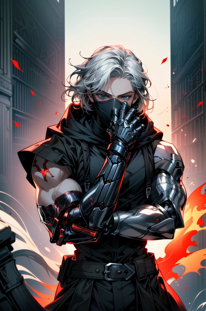 ((ultra detailed, masterpiece, absurdreBBarnes, 1boy, single mechanical arm, white hair, blue eyes, fantasy world, half body, hood covering face, three red cores on both forearms