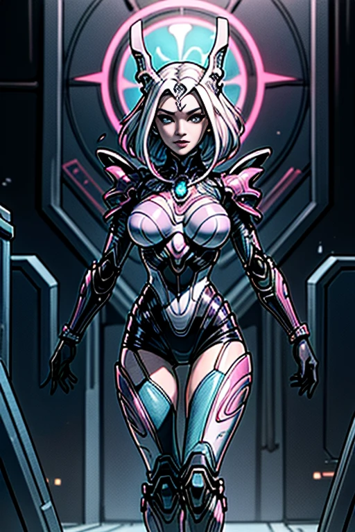 A beautiful woman  is walking inside a futuristic factory, growing like a biomechanical organism, pale pink, black and metallic silver,like a living organism, shining bright, growing in symmetrical designs and arabesques, adorned with blue lights, digital art, masterpiece, highly detailed, 3d modelling, 4k resolution, abstract art, digital art, 1980s, photographic