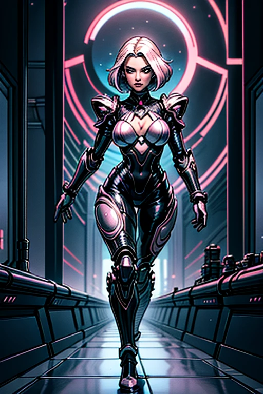 A beautiful woman  is walking inside a futuristic factory, growing like a biomechanical organism, pale pink, black and metallic silver,like a living organism, shining bright, growing in symmetrical designs and arabesques, adorned with blue lights, digital art, masterpiece, highly detailed, 3d modelling, 4k resolution, abstract art, digital art, 1980s, photographic