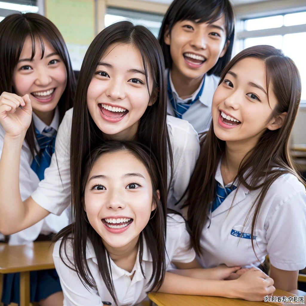 3 girls with ponytails、Wearing a sailor suit、The girl on the far right has a cool face、The  has wide eyes and smiles with his mouth wide open.、The child on the left has droopy eyes and seems calm.、Being in the classroom、All three have black hair、All three are doing peace.。