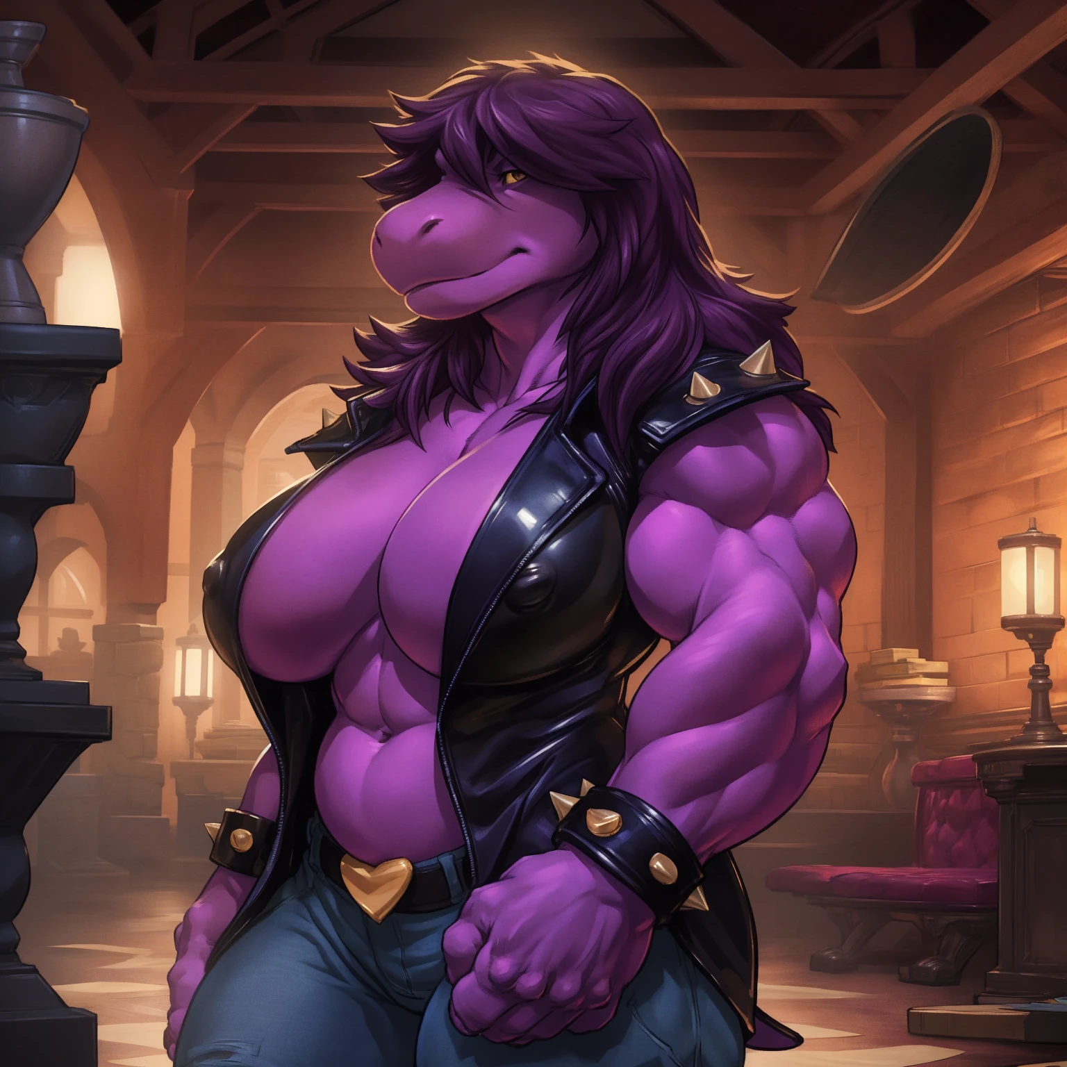 susie, susie deltarune, muscular, strong, plump, heavy, dragon, short stack, female, huge breasts, (nipple outline:0.7), bodybuilder pose, uploaded on e621, (detailed background), (intricate:1.1), (high detail:1.2), (masterpiece, best quality, 4k, 2k, shaded, absurd res), by darkgem, by wfa, by gideon,