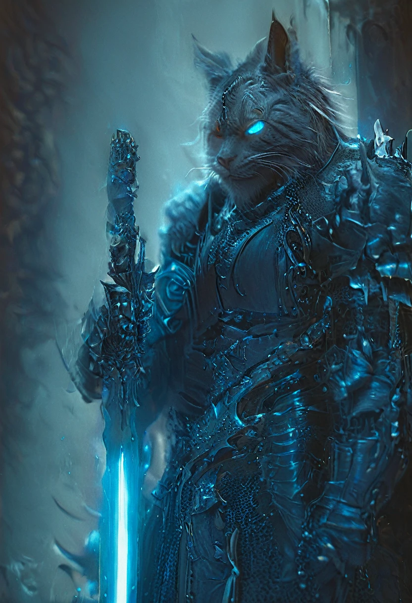 cat knight with cyan glowing eyes, (anthropomorphic cat:1.4), ethereal, angry, dynamic pose, Movie Still, cover art, vertical symmetry, famous artwork by artgerm and guweiz, ninja, hkstyle, (masterpiece, best quality, perfect composition, very aesthetic, absurdres, ultra-detailed, intricate details, Professional, official art, Representative work:1.3)