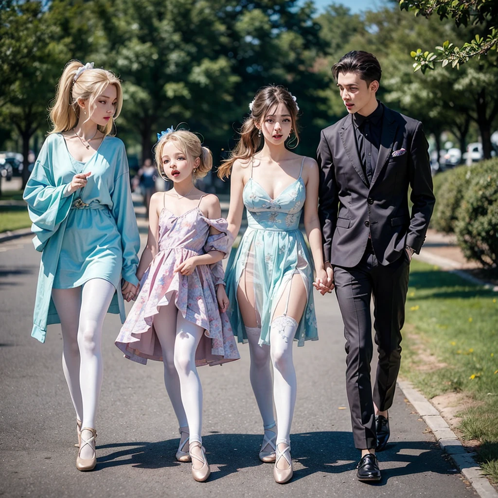 Four Various Age Boys In Colorful Kneelenght Dresses With FLOWERY Patterns, White hose And Ballet Flats, They long Blond Hairs Tied In Twin High Ponytails By Pretty Hair bows. They Have B Size Chest. They Ears Pierced By Pretty Earrings. They Walk Through the Park.