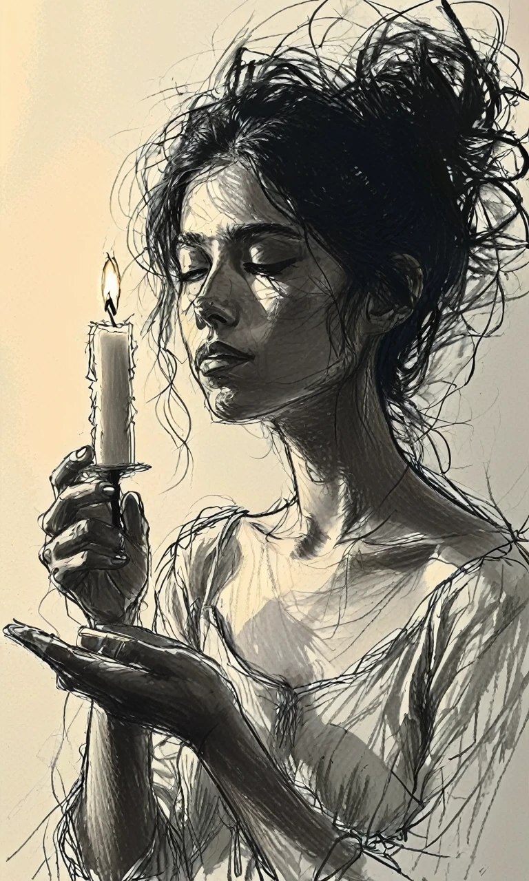 Create a digital artwork of a young woman holding a candle. The candle emits a warm, glowing light that illuminates her face and casts intricate shadows on her skin and surroundings. Her hair is loosely tied up, and she has a serene, contemplative expression. The light from the candle should create a soft, ethereal glow, emphasizing the delicate features of her face. Use a minimalist and sketch-like style with fine lines and subtle shading, capturing the contrast between light and shadow. Incorporate warm tones to enhance the intimate and tranquil atmosphere of the scene.