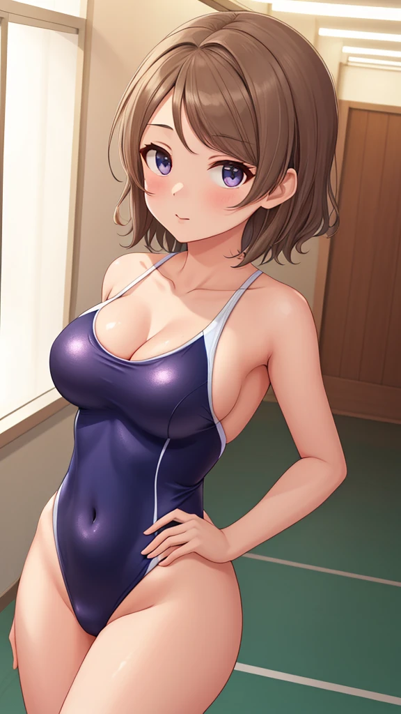 (Masterpiece), 8k wallpaper, solo, Watanabe you, standing, school hallway, one-piece swimsuit, v-neck, low cut at hips, game cg, beautiful detailed face and eyes, perfect anatomy, curvy