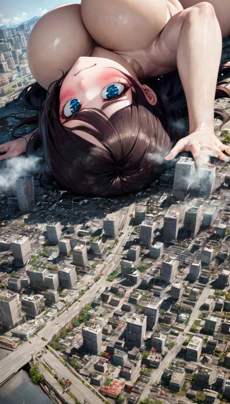 Wicked Woman、Scary woman、A giantess overlooking the city、The Looming Giant、A 1000m tall giant, taller than any building、Lying face down on the city、🔞、Beautiful girl who kills soldiers、Cute Face、Big eyes、Beautiful breasts、Beautiful legs、Giant illustration、Portrait of a Giant、A distant view of a small city、Distant view of the big city from the side、Small buildings with smoke、Soldier fighting giants、tank、battlefield、Fighter、美しいnude、Towering、Make women bigger、nude、giantess、Giantess、A devastating landscape、Many small buildings、Destroyed small town view、A small collapsed building、Lots of rubble、Realistic Anime、Real Animation、Japanese、blush、Sit with your legs apart、smile、Naked Girls、Naked Beauty、nude、masterpiece、High quality、high resolution、解剖学的にAccurate body、Accurate body、Very detailed、Full Color、force、Ecstatic expression