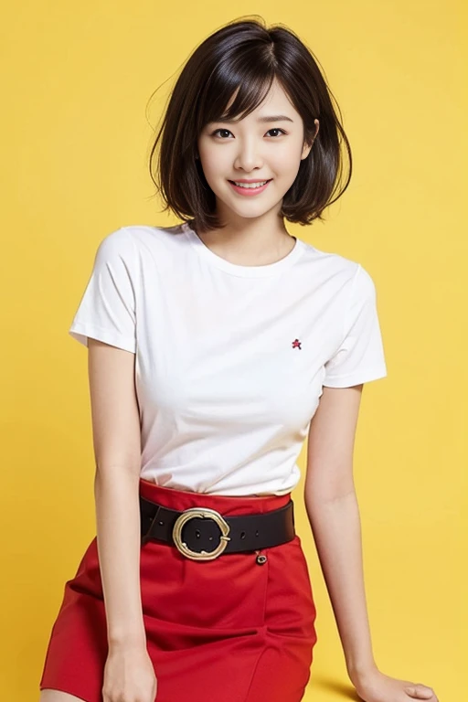 a gorgeous lady, age 22, white T-shirt and red skirt, black belt, dimpled smile, short bob hair, in a natural pose, photorealistic, beautiful detailed eyes, ample round bosom, hyper-realism, high contrast, ultra HD, realistic skin textures, top image quality, top-quality, super high resolution, fine details, very meticulously, simple yellow background
