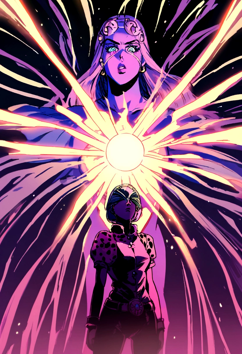 JoJo's Bizarre Adventure、Woman and stand、A stand is guarding the woman behind her.