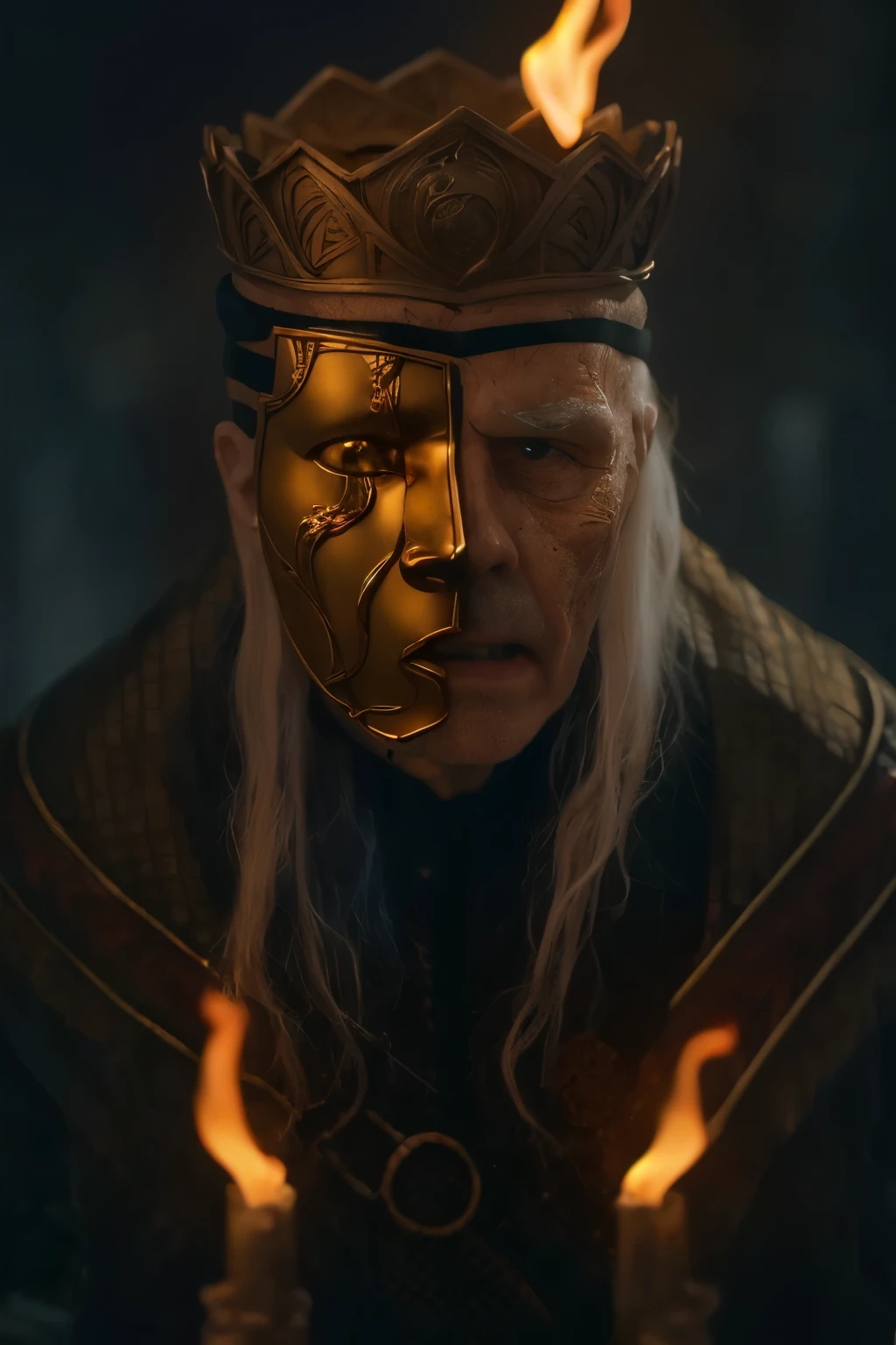 
(masterpiece, best quality:1.2), (((1 Man, male))), upper Body, (((Cinematic epic poster))) of Sick Viserys ,((old man 80 years old)), (((hotting face))) , zombie , ((wearing a golden mask on half face, crown on her head)),  Gothic style, (((detailed face))), (a detailed RAW photo of a ), (master part:1.0), (best quality:1.4), (Ultra Highres:1.2), (photorealistic:1.4), 8K resolution, Canon EOS R5, 50 millimeters, Absurd, Ultra Detailed, sharp focus, Cinematic lighting, detailed face, (ULZZANG-6500-V1.1), detailed skin texture, pale skin, chest round, (pale :0.5), Cinematic lighting. (((Abstract flame background, cinematic lighting ))) 