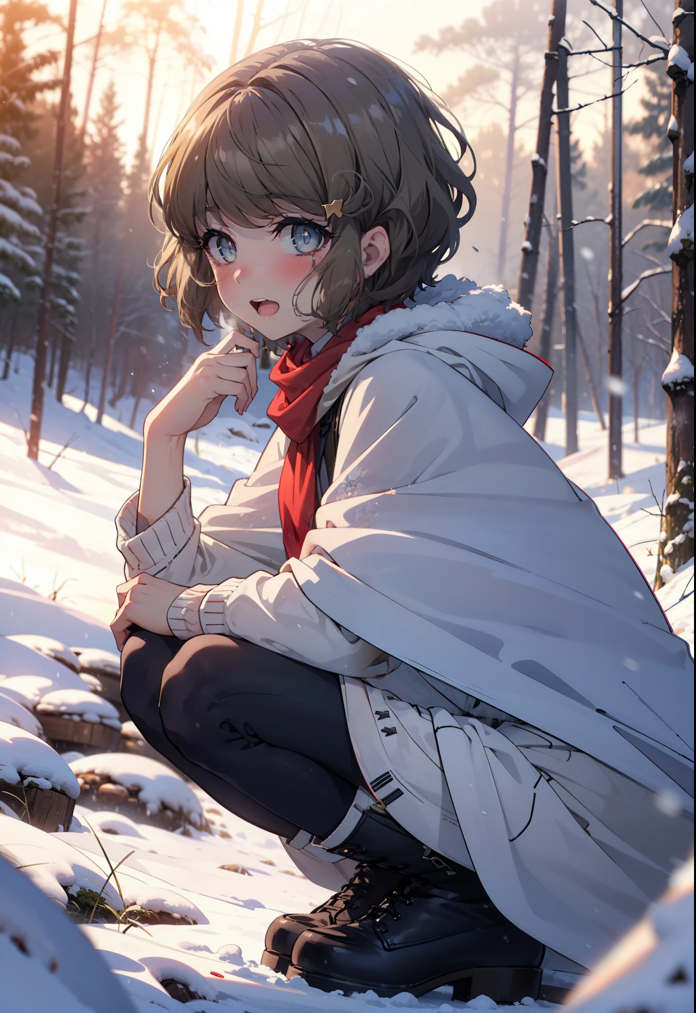 tomoekoga, Chie Koga, short hair, Brown Hair, blue eyes, hair band,smile,blush,White Breath,Mid-chest,
Open your mouth,snow,Ground bonfire, Outdoor, boots, snowing, From the side, wood, suitcase, Cape, Blurred, having meal, forest, White handbag, nature,  Squat, Mouth closed, Cape, winter, Written boundary depth, Black shoes, red Cape break looking at viewer, Upper Body, whole body, break Outdoor, forest, nature, break (masterpiece:1.2), highest quality, High resolution, unity 8k wallpaper, (shape:0.8), (Beautiful and beautiful eyes:1.6), Highly detailed face, Perfect lighting, Highly detailed CG, (Perfect hands, Perfect Anatomy),