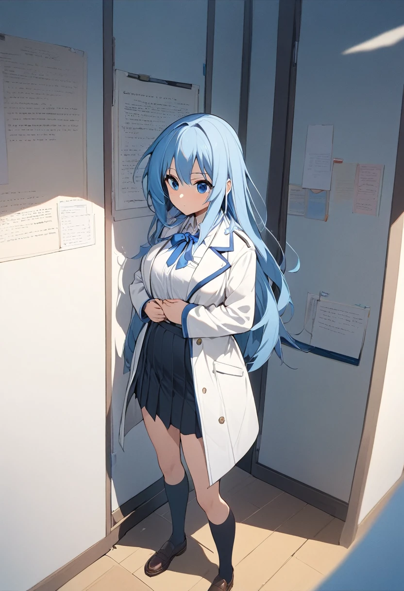 masterpiece, 最high quality, high quality, High resolution, One girl, alone, Aqua (KonoSuba), Blue Hair, Long Hair, blue eyes, White shirt ,Long white coat, Black office skirt, Knee socks, whole body, Are standing, Put your hands in your pockets, boredom, Depth of written boundary, Research Room,