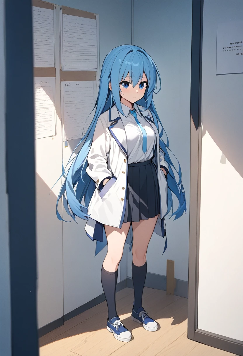 masterpiece, 最high quality, high quality, High resolution, One girl, alone, Aqua (KonoSuba), Blue Hair, Long Hair, blue eyes, White shirt ,Long white coat, Black office skirt, Knee socks, whole body, Are standing, Put your hands in your pockets, boredom, Depth of written boundary, Research Room,