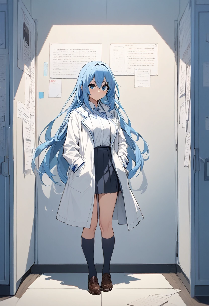 masterpiece, 最high quality, high quality, High resolution, One girl, alone, Aqua (KonoSuba), Blue Hair, Long Hair, blue eyes, White shirt ,Long white coat, Black office skirt, Knee socks, whole body, Are standing, Put your hands in your pockets, boredom, Depth of written boundary, Research Room,