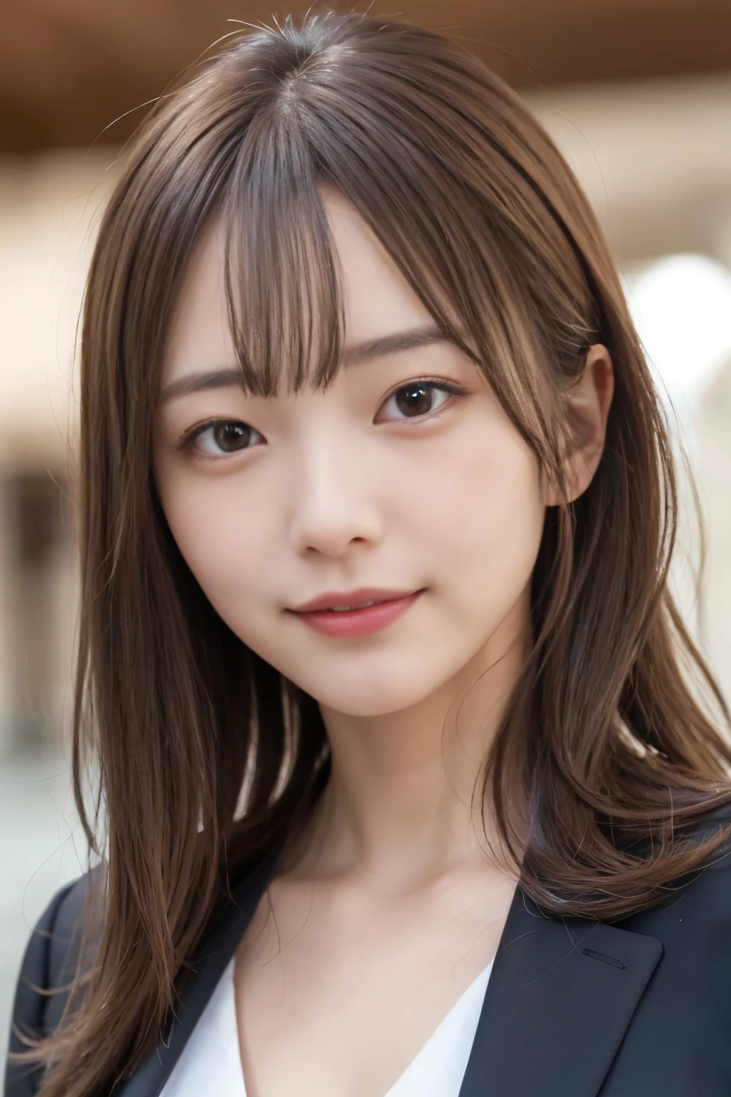 (masterpiece:1.3), (8K, Photoreal, Raw photo, best image quality: 1.4), japanese girl、12 years old、(random hairstyle:1.2)、(cleavage:1.2)、super detail face、eye for details、double eyelid、chest to chest、sharp focus:1.2、(cute woman:1.4)、light brown hair、bangs、highest quality、Super high resolution、(Photoreal:1.4)、Highly detailed and professionally lit smiles、loose and light knitwear、thin、smile、long hair、upper body portrait