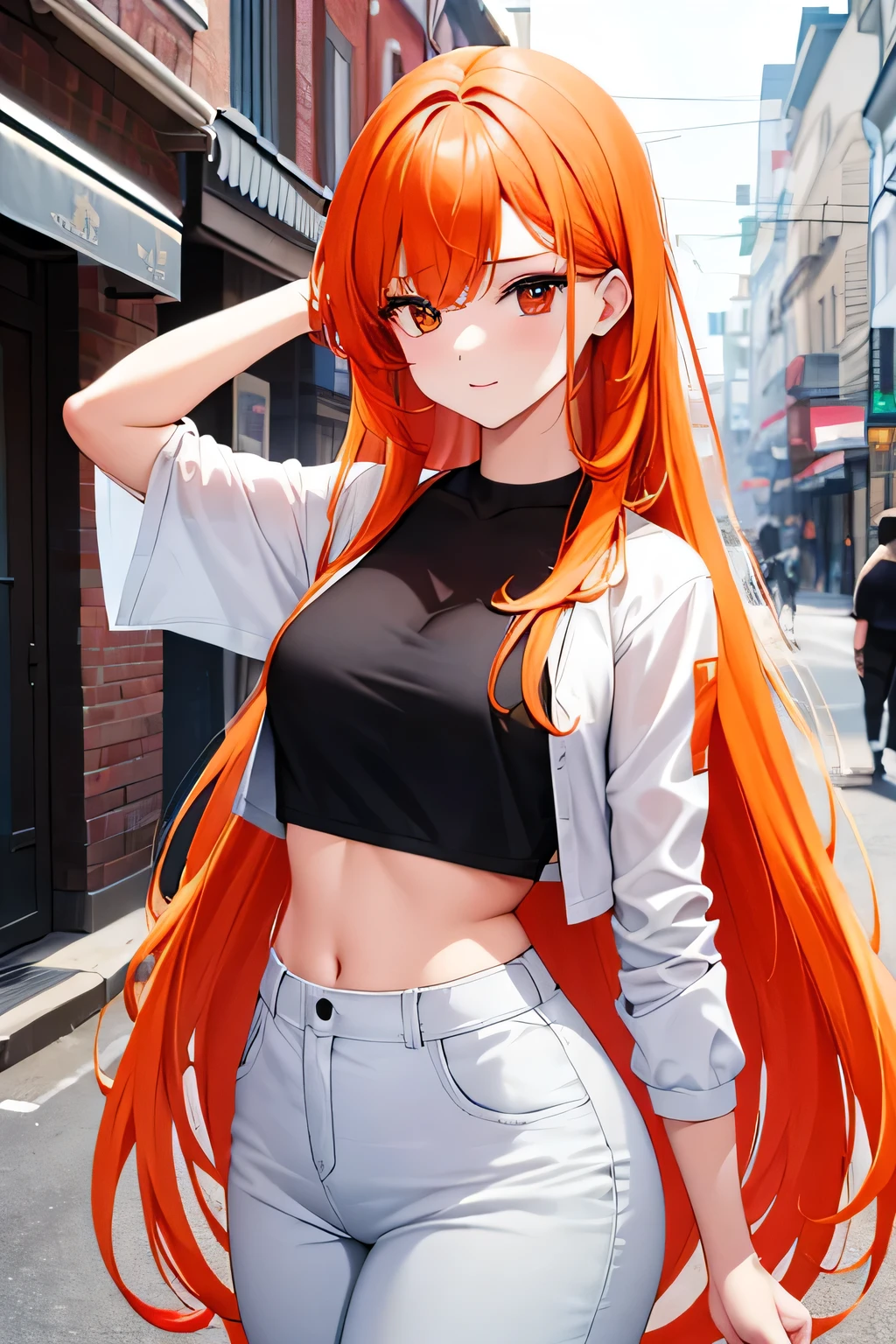 Sexy girl with medium wearing a white crop with orange hair {{8k quality} {{background street}} cute girl with long hair