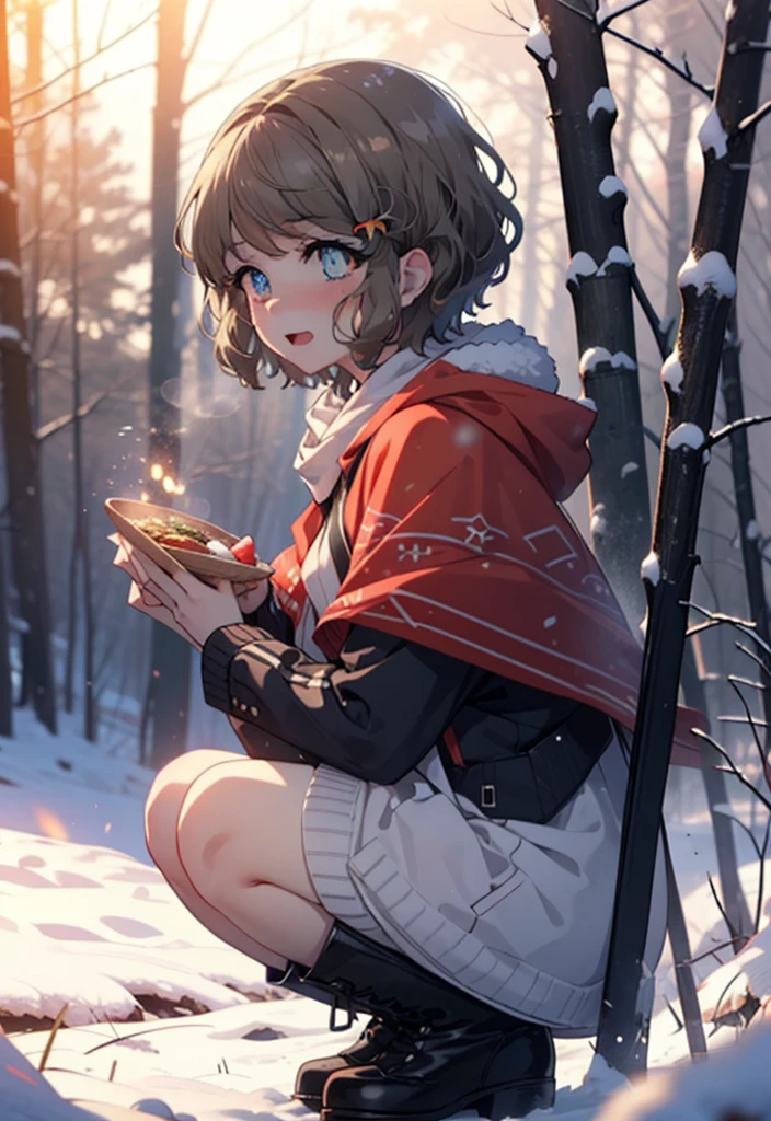 tomoekoga, Chie Koga, short hair, Brown Hair, blue eyes, hair band,smile,blush,White Breath,Mid-chest,
Open your mouth,snow,Ground bonfire, Outdoor, boots, snowing, From the side, wood, suitcase, Cape, Blurred, having meal, forest, White handbag, nature,  Squat, Mouth closed, Cape, winter, Written boundary depth, Black shoes, red Cape break looking at viewer, Upper Body, whole body, break Outdoor, forest, nature, break (masterpiece:1.2), highest quality, High resolution, unity 8k wallpaper, (shape:0.8), (Beautiful and beautiful eyes:1.6), Highly detailed face, Perfect lighting, Highly detailed CG, (Perfect hands, Perfect Anatomy),