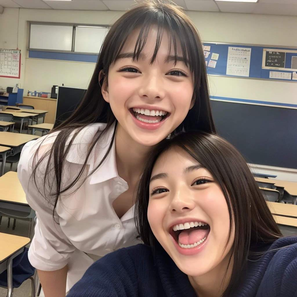 Laughing Japanese high school girl、High 、School classroom、Laughing with your mouth open、Smiling at the camera