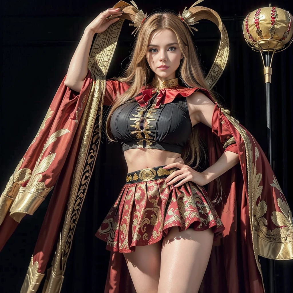 a girl posing for a photo wearing a religious Diablada costume, dressed in a red jacket with black gold and avocado decorations, a red flowered cape with a printed dragon, a short skirt adorned with gold designs, sensual legs, high boots according to the outfit, perfect ass. long blonde hair, blue eyes, pale white woman. long white gloves (elegant). sensual pose. Background image of Northern Dances, bronze bands (music) (percussion instruments). town of Tirana-Chile. The tyrant. location Country of Chile.