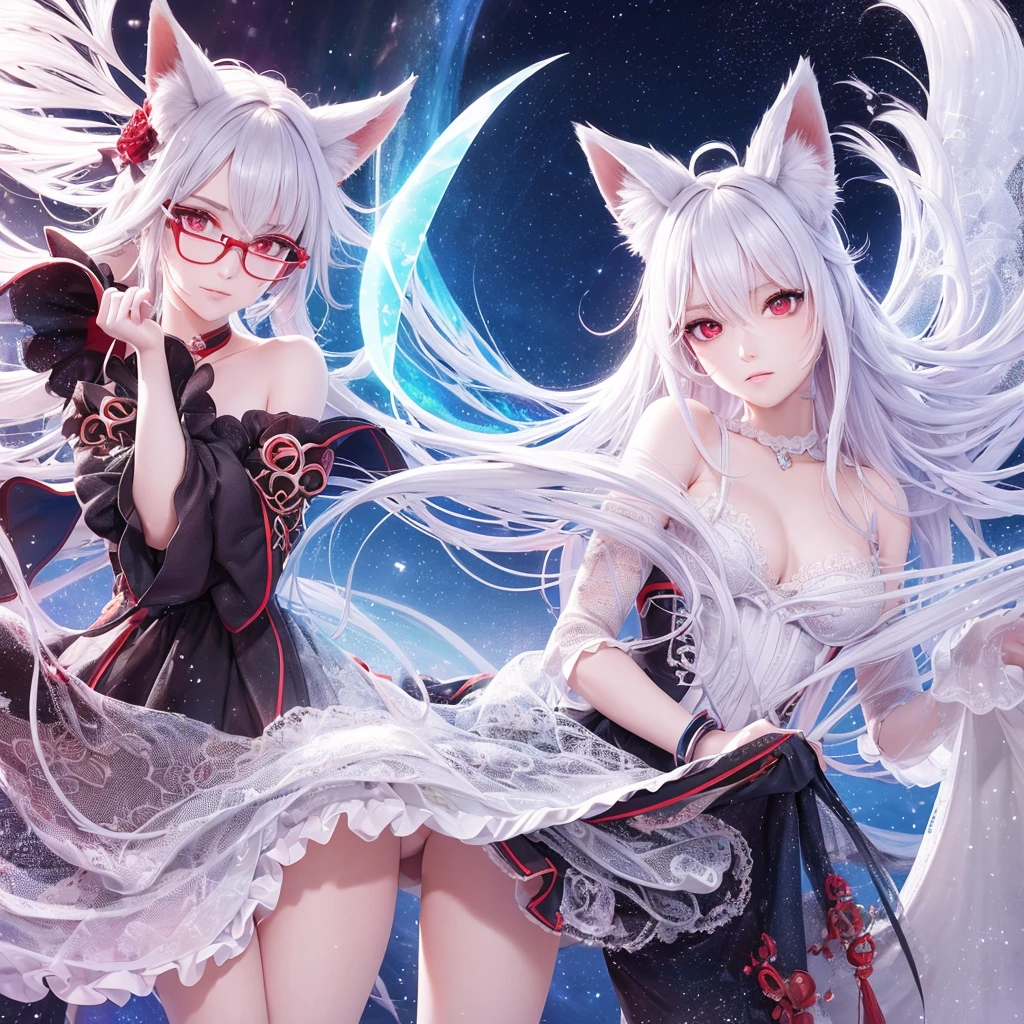 best quality, 8k, original photo, Ridiculous, Extremely detailed, Fox-eared maiden,baby face, No makeup, Provocative expressions,slim, Perfect proportion, White straight hair, (wind, wind-effect), Red Eyes, Various visual styles for backgrounds,combines various artistic elements,like a sparkling iridescent rainbow,Fox tail,Lace dress,wearing glasses