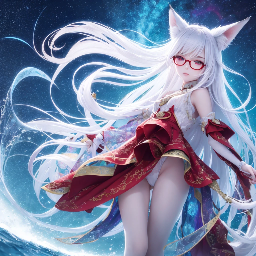 best quality, 8k, original photo, Ridiculous, Extremely detailed, Fox-eared maiden,, No makeup, Provocative expressions,slim, Perfect proportion, White straight hair, (wind, wind-effect), Red Eyes, Various visual styles for backgrounds,combines various artistic elements,like a sparkling iridescent rainbow,Fox tail,Lace dress,wearing glasses