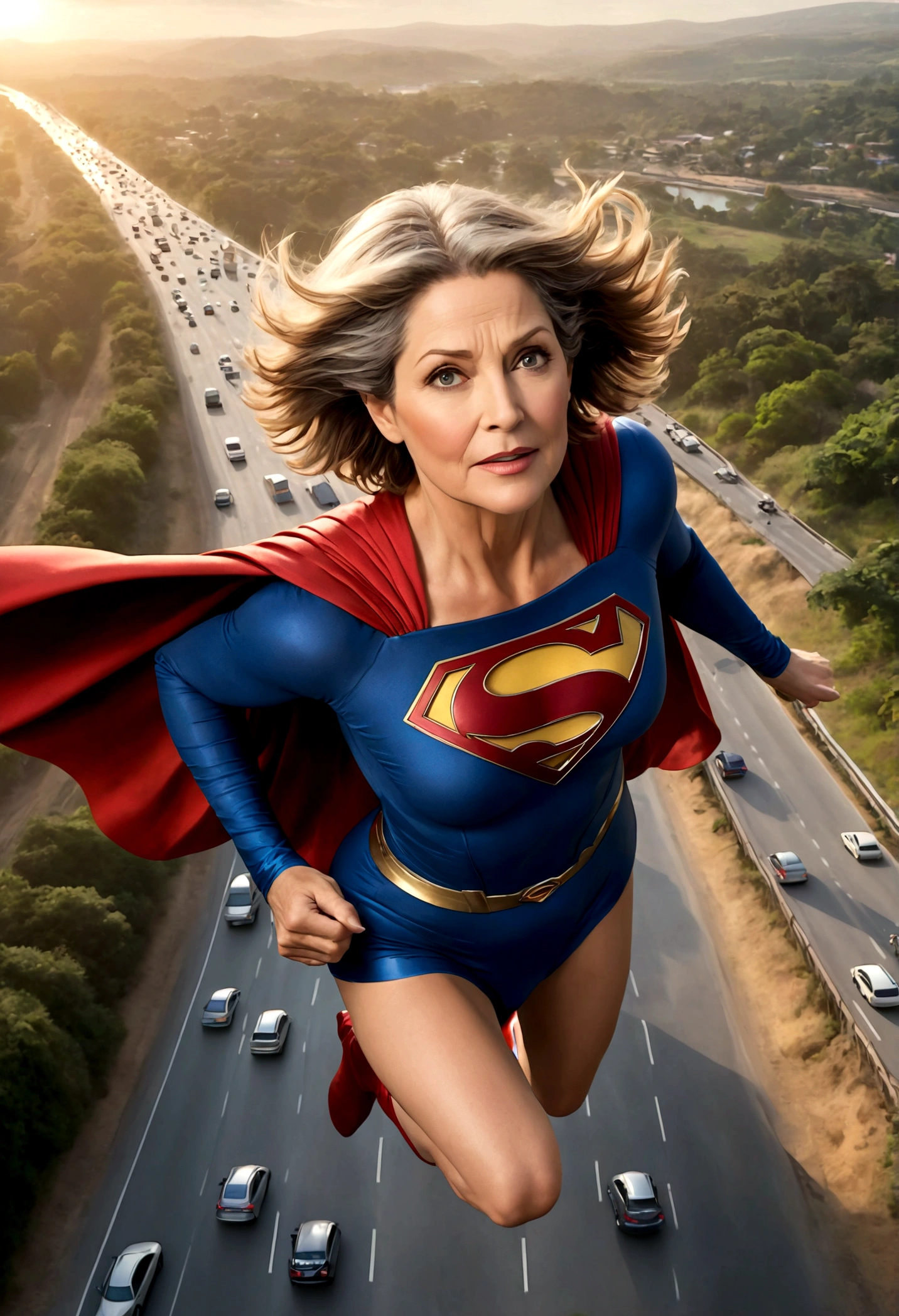 photo taken by a professional photographer; flying at super speed above a traffic jam; faster than a jet; old Lorraine Bracco busty((without glasses))) Supergirl (((70 years old; short hair))); floating above the Rio Grande do Sul 2024 highway; (heavy traffic; satellite view); superhero pose flying through the skies