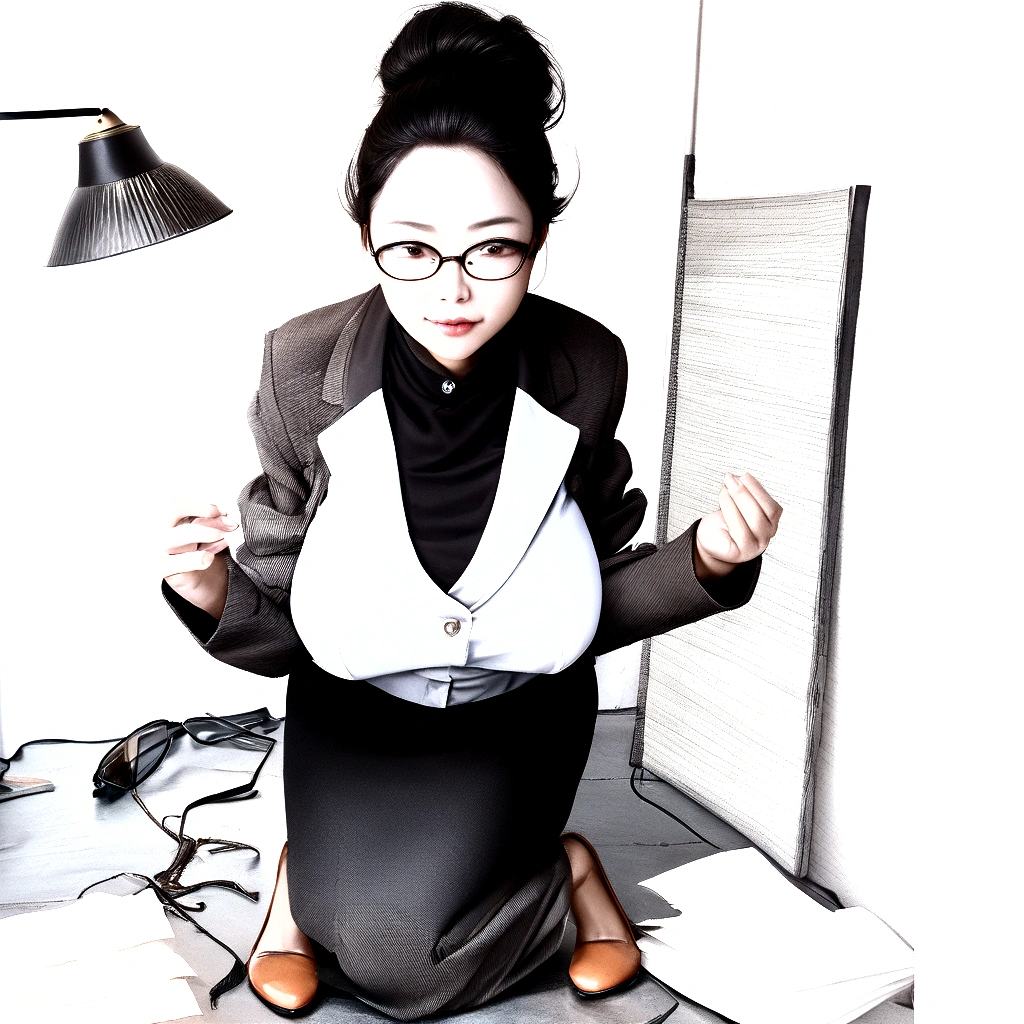 a beautiful japanese woman in golf clothes, detailed body, squatting pose, glasses, skirt flipping up, office lady aesthetic, photorealistic, 8k, high quality, masterpiece, professional studio lighting, cinematic composition, warm color tones, dramatic lighting