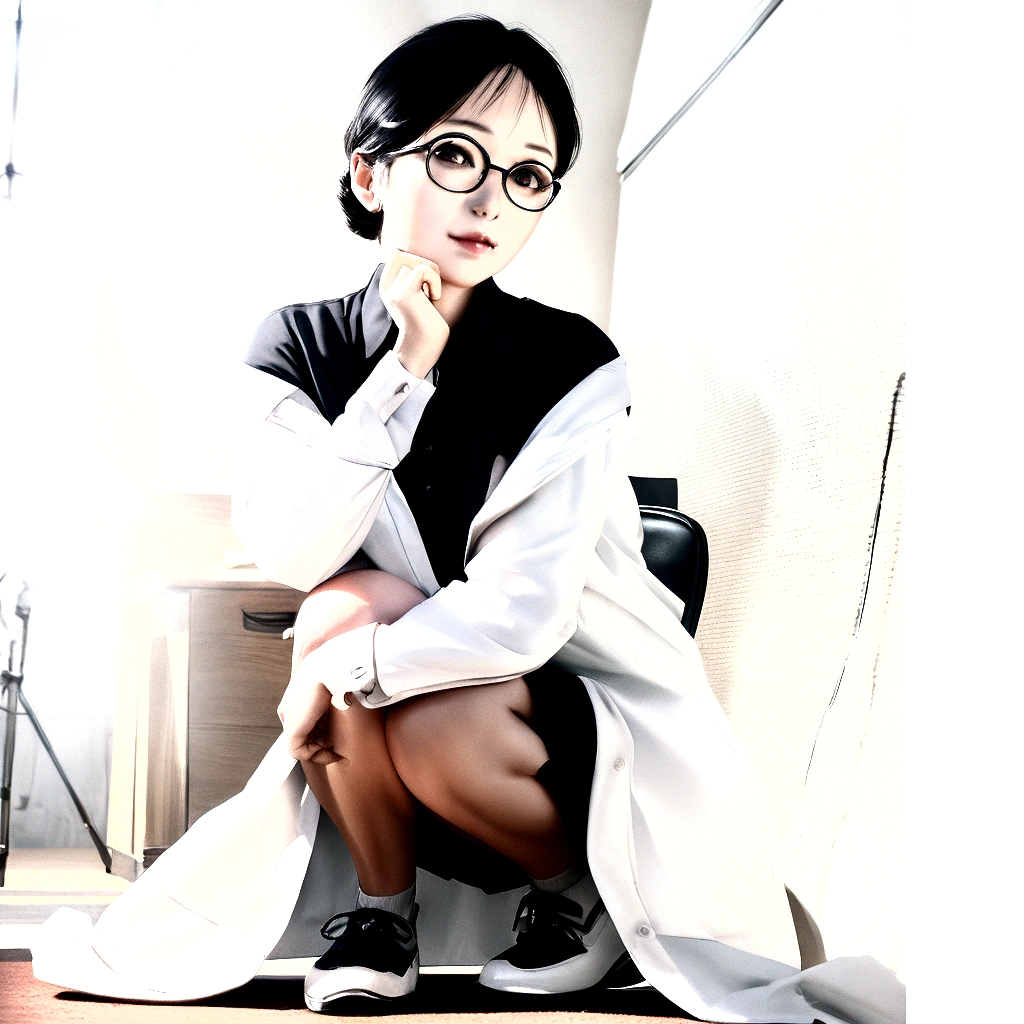 a beautiful japanese woman in golf clothes, detailed body, squatting pose, glasses, skirt flipping up, office lady aesthetic, photorealistic, 8k, high quality, masterpiece, professional studio lighting, cinematic composition, warm color tones, dramatic lighting