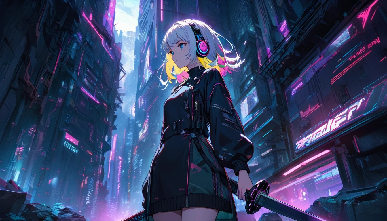 Handsome cute, Solitary, 1 female, Medium Length Hair, white hair, Rainbow hair, blue Eyes, Rainbow headphone, knit dress, Futuristic, Cyberpunk, Cybernetics panoramic, in the night, looking away, (holding (katana sword:1.2)), (blade shimmering), (holding sword sheath)