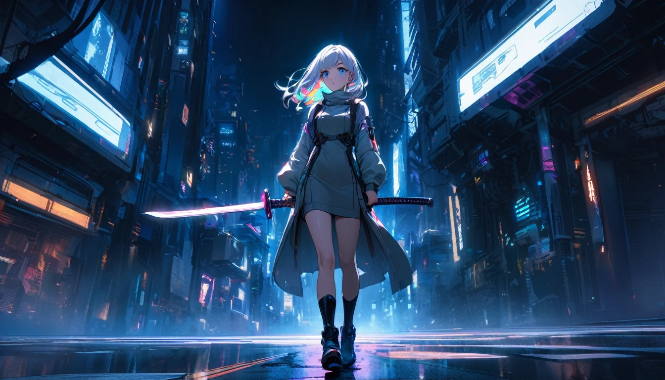 Handsome cute, Solitary, 1 female, Medium Length Hair, white hair, Rainbow hair, blue Eyes, Rainbow headphone, knit dress, Futuristic, Cyberpunk, Cybernetics panoramic, in the night, looking away, (holding (katana sword:1.2)), (blade shimmering), (holding sword sheath)