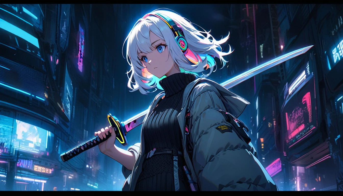 Handsome cute, Solitary, 1 female, Medium Length Hair, white hair, Rainbow hair, blue Eyes, Rainbow headphone, knit dress, Futuristic, Cyberpunk, Cybernetics panoramic, in the night, looking away, (holding (katana sword:1.2)), (blade shimmering), (holding sword sheath)