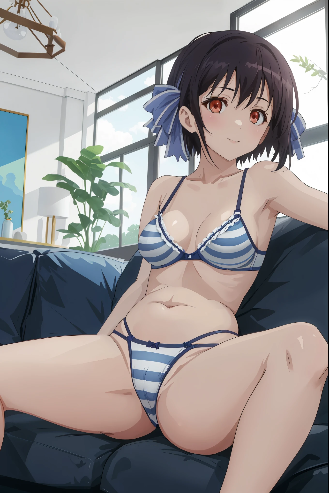 [[anime styled]],[[digitalart]],masterpiece,best quality,Tomomi_Xijing,(red eyes),black hair,Short hair,Hair Ribbon,(midium build),NSFW,1girl,((sitting on the couch,reclining)),face focus,short torso,Perfect Lighting,[perfect anatomy],,((nude)),((blue stripedpanties,)),((blue striped bra)),[take off a bra,nipples],cameltoe,relaxing,seductive smile,spread legs,   break background living room,couch