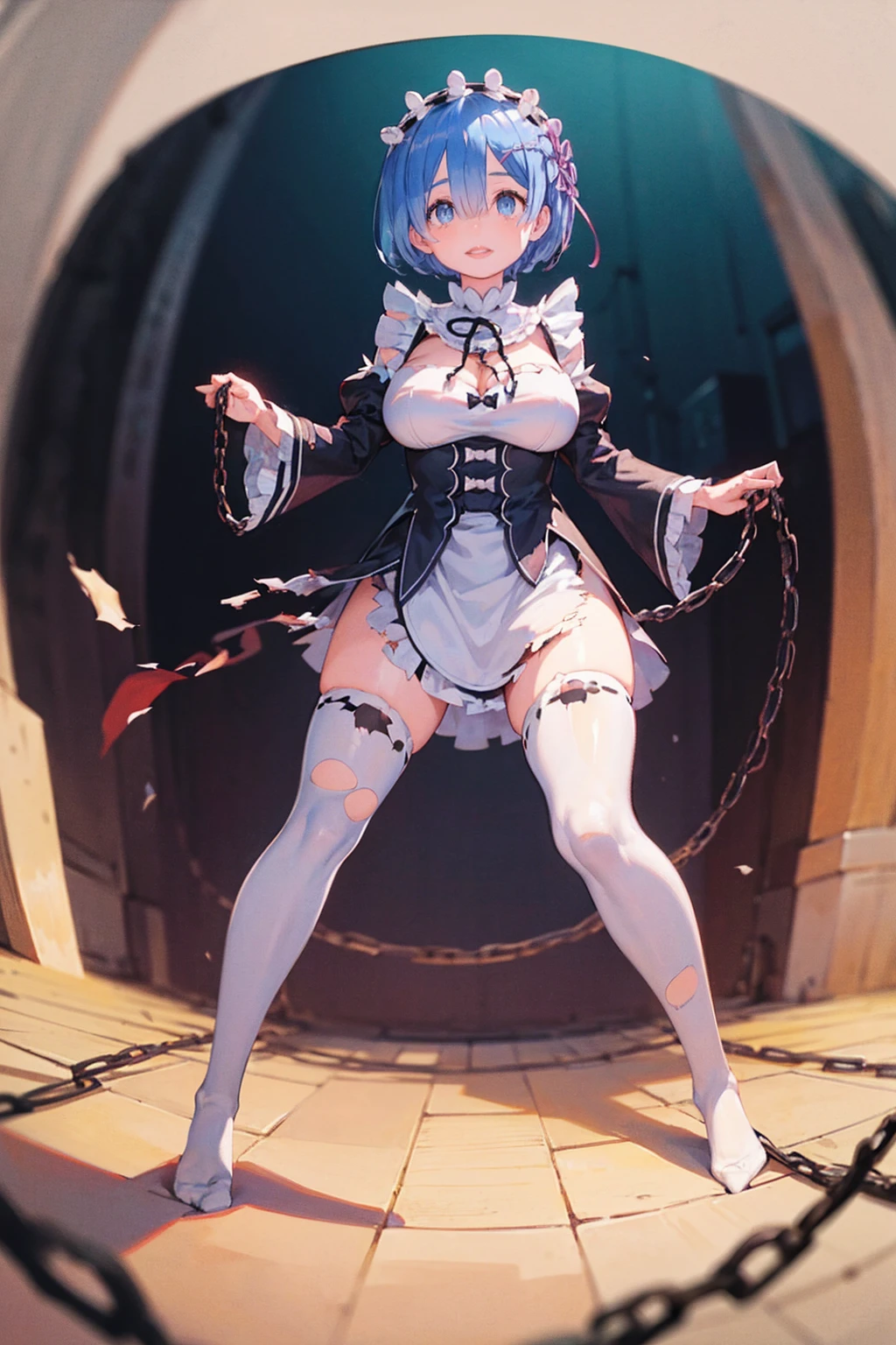 Fighting Pose、Weapons Morningstar、Underground Prison、((The floor beneath my feet is crumbling))、((((Rem in chains)))),(((((Fisheye Lens)))))、((Super huge breasts))、(((Plump thighs)))、(((Rem from Re:Zero)))、looking at the camera、High qualityHigh quality、8ｋ、(((((Full body description)))))、Chest、Fantastic、(((((Torn maid uniform)))))、looking at the cameraで、barefoot、(((Tall Rem)))、Sweat splashes、Clothes are ripped off,(Torn knee-high socks)、