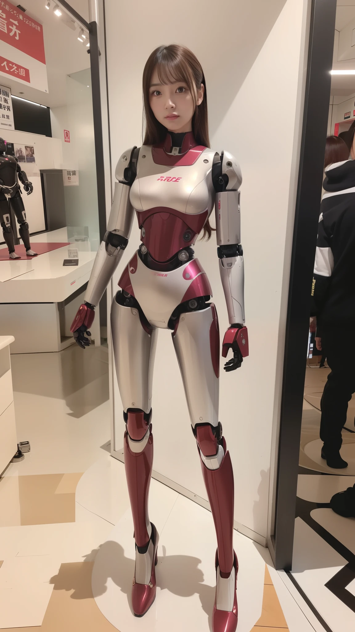 (Photorealsitic:1.4)、one robot woman、(top-quality)、(hyperdetailed face)、(Super well-formed face)、(Robot Parts)、(Female-Robot)、(25 years-old)、(pink)、(Burgundy)、(metallic)、(full-body)、(sexy pose)、(Slender body)、(Model body type)、(full body mech)、(Akihabara)、(is looking at the camera)、(A brown-haired)、(Well-proportioned body)、(a small face)、(a small head)、(well-groomed fingers)、(Idol)、(front facing)、(Standing with legs open)、(Photo session)、(Looks sad)、(perfect-female-robot)、(perfect-mechanical-body)