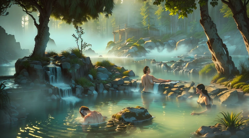 (four peoples bathing in hot springs,detailed,realistic,photorealistic,high quality,8k,masterpiece,detailed face,detailed eyes,detailed skin,detailed water,steam,mist,relaxing atmosphere,natural environment,lush greenery,rocks,warm lighting,glowing water)