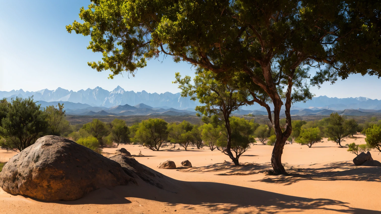 Um deserto de pedras, existem montanhas no horizonte, you are at the base of the mountains, there a black tree, silver drips from the tree&#39;s green buds, liquid metal drips down the branches, hardening around the roots like sparkling ice.