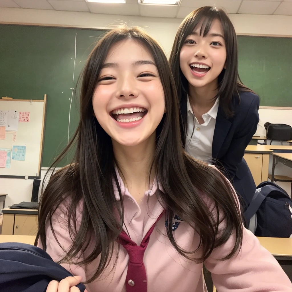 Laughing Japanese high school girl、High 、School classroom、Laughing with your mouth open、Smiling at the camera