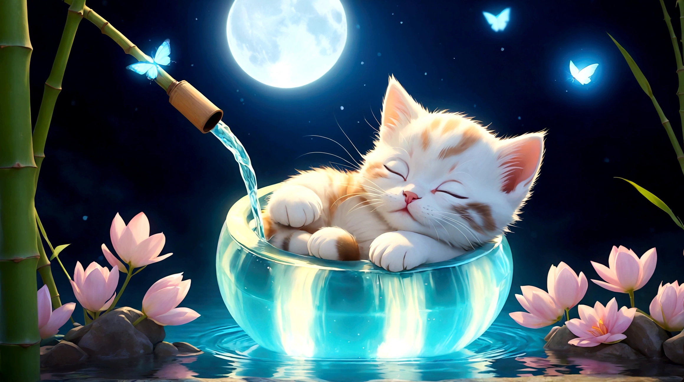 cute kitten sleeping in a lake, next to a bamboo pipe running water