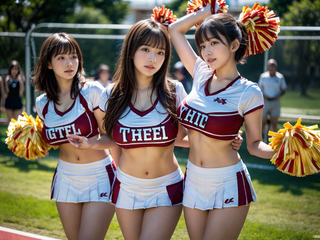 ((best quality)), ((masterpiece)), (detailed), perfect face,cheer leaders, revealing clothes,group,cute korean s
