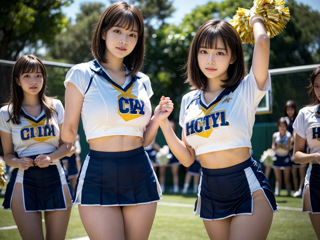 (RAW photo, 4k, masterpiece, high resolution, extremely complex) (realistic: 1.4), cinematic lighting
 ((2 girls, 2 schoolgirls)),blushing,((innocent)),bright eyes,round eyes,blunt bangs,(short bob hair:1.3),black hair,large breasts,wide hips,Summer Noon, ,Hot, (Best Quality), (Highres), (an Extremely Delicate and Beautiful),(Beautiful 8k face),(Brown eyes),( spectators),(gigantic breasts),(Play with each other,Touching each other's bodies,Touching the body),(cheer girl:1.5),(a miniskirt),(reality),bright lighting,(The background is a luxury hotel room)